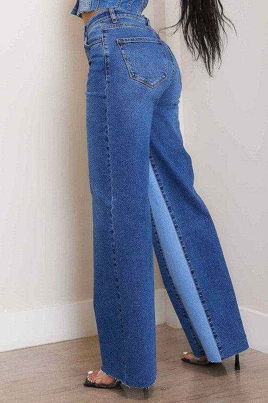 Blue High-Rise Color Block Wide Leg Jeans - Tigbuls Variety Fashion