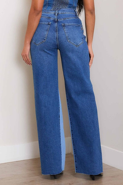 Blue High-Rise Color Block Wide Leg Jeans - Tigbuls Variety Fashion