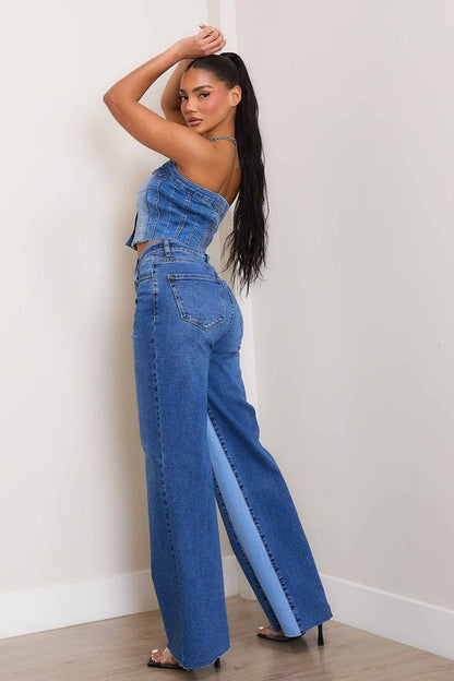 Blue High-Rise Color Block Wide Leg Jeans - Tigbuls Variety Fashion