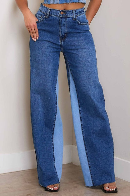 Blue High-Rise Color Block Wide Leg Jeans - Tigbuls Variety Fashion