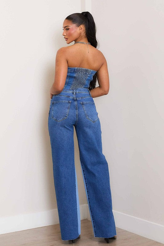 Blue High-Rise Color Block Wide Leg Jeans - Tigbuls Variety Fashion