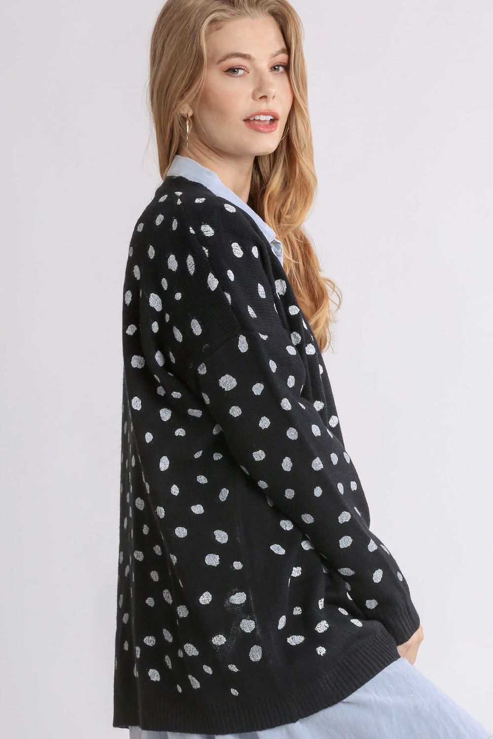 Polka Dot Open Front Drop Shoulder Cardigan - Tigbul's Variety Fashion Shop