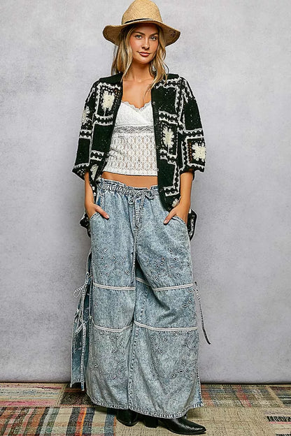 POL Button Down Openwork Floral Crochet Shirt with Granny Square Pattern - Tigbul's Variety Fashion Shop