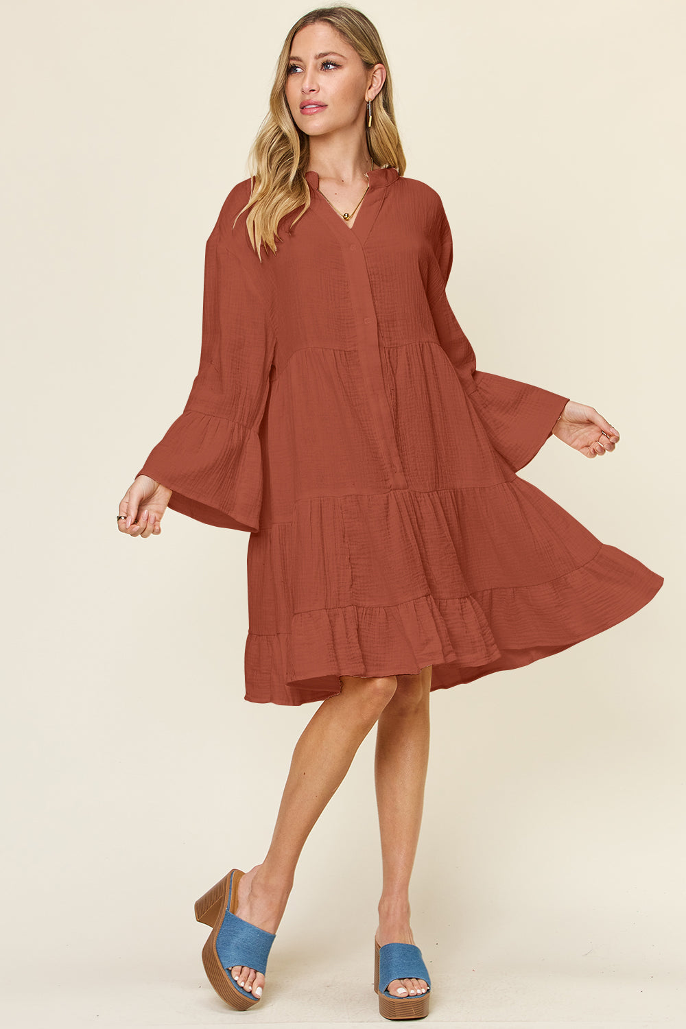 Double Take Full Size Texture Button Up Ruffle Hem Dress - Tigbul's Variety Fashion Shop