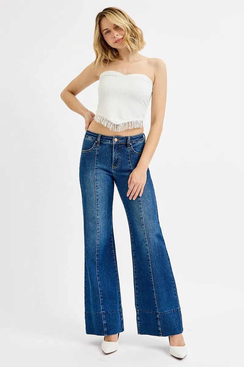 RISEN Full Size Tummy Control Mid Rise Ankle Wide Flare Jeans Plus Size - Tigbul's Variety Fashion Shop