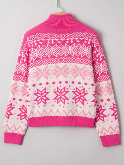 Christmas Snowflake Quarter Zip Collard Sweater - Tigbul's Variety Fashion Shop