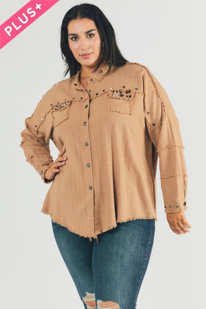 Plus Distressed hem button down oversize shirt - Tigbul's Variety Fashion Shop