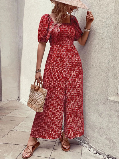 Printed Square Neck Puff Sleeve Jumpsuit - Tigbul's Variety Fashion Shop