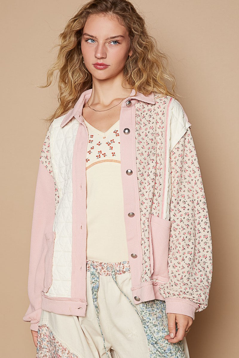 POL Floral Exposed Seam Button Up Quilted Jacket - Tigbul's Variety Fashion Shop