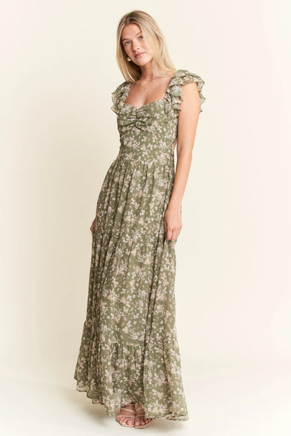 Sage Green Ruffle Sleeve Tiered Maxi Dress - Tigbul's Variety Fashion Shop