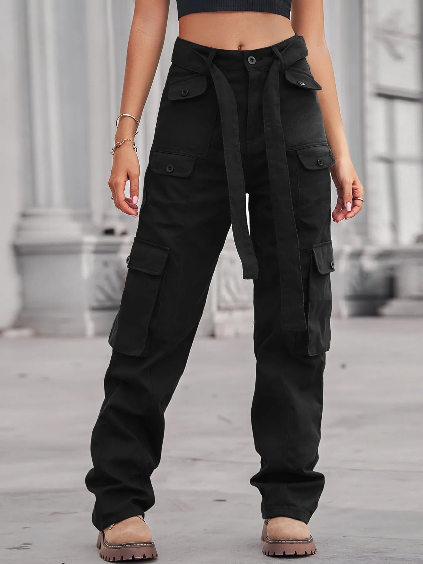 High-Waisted Multi-Pocket Cargo Jeans - Tigbul's Variety Fashion Shop