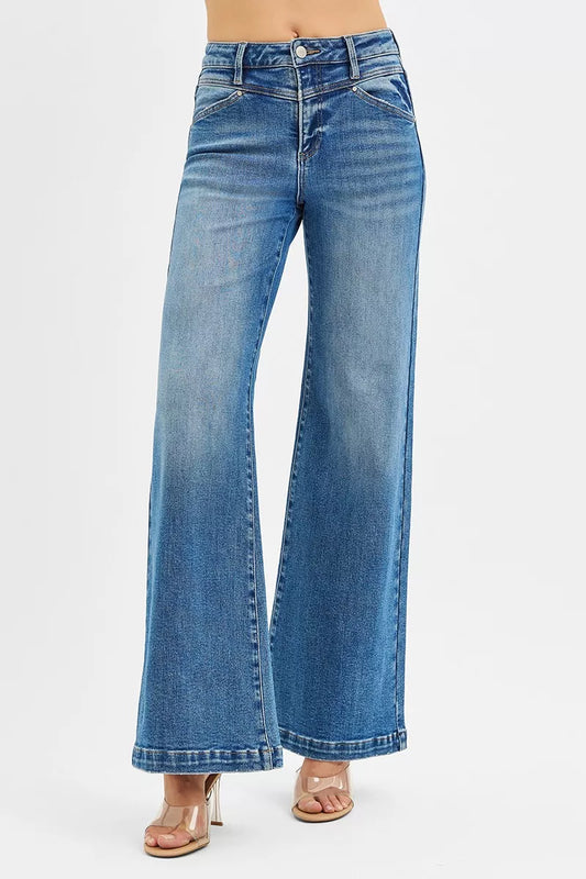 RISEN High Rise Wide Leg Jenas with Front Yoke and Heart Back Pocket - Tigbul's Variety Fashion Shop