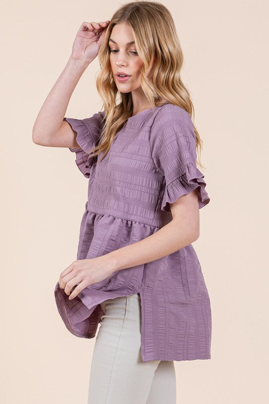 Textured Ruffle Sleeve Tunic - Tigbul's Variety Fashion Shop