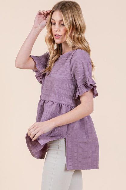 Textured Ruffle Sleeve Tunic - Tigbul's Variety Fashion Shop