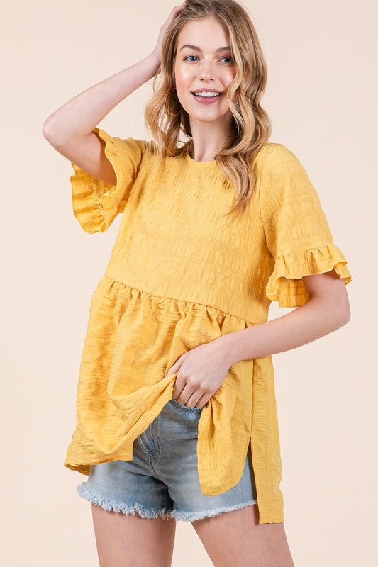 Textured Ruffle Sleeve Tunic - Tigbul's Variety Fashion Shop