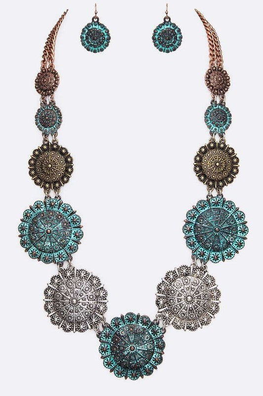 Mix Tone Textured Medallion Western Necklace Set - Tigbul's Variety Fashion Shop