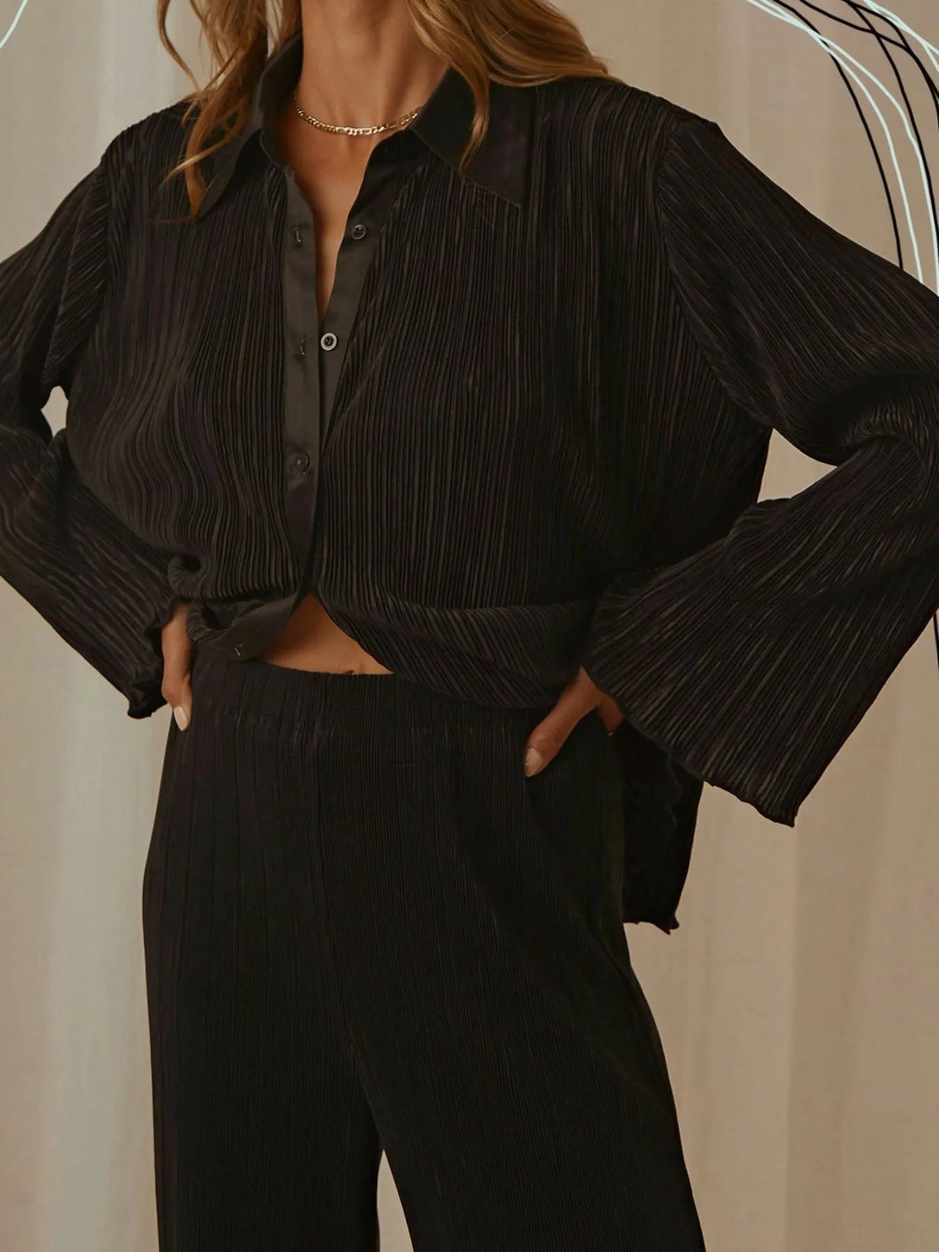 Button Up Long Sleeve Top and Pants Set - Tigbul's Variety Fashion Shop