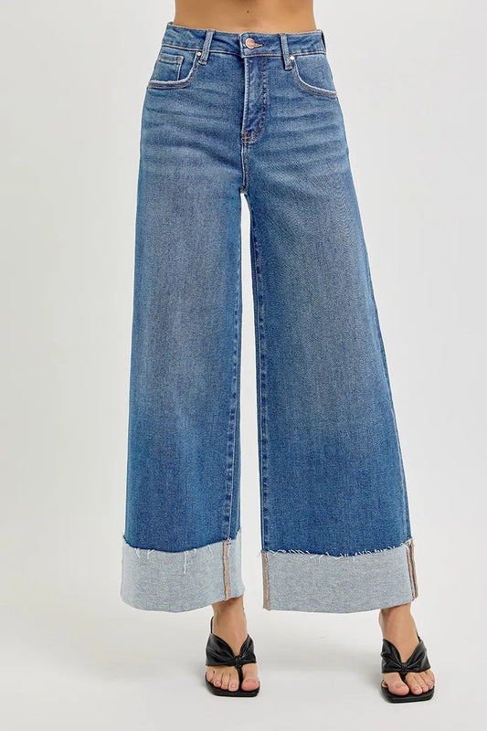 RISEN Full Size Tummy Control High Rise Crop Wide Cuffed Jeans Plus Size - Tigbul's Variety Fashion Shop