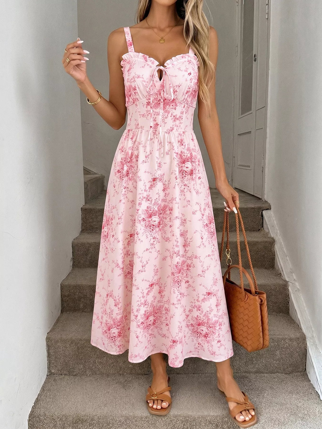 Pink floral print cami dress with frill trim and tie neckline