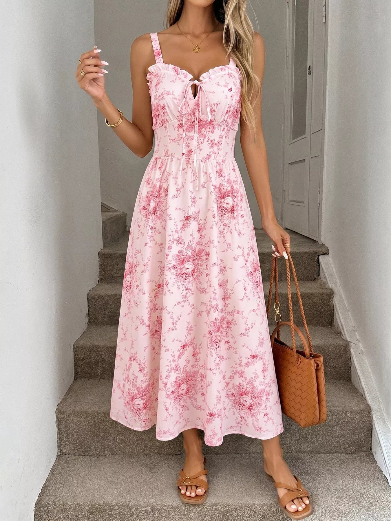 Pink floral print cami dress with frill trim and tie neckline