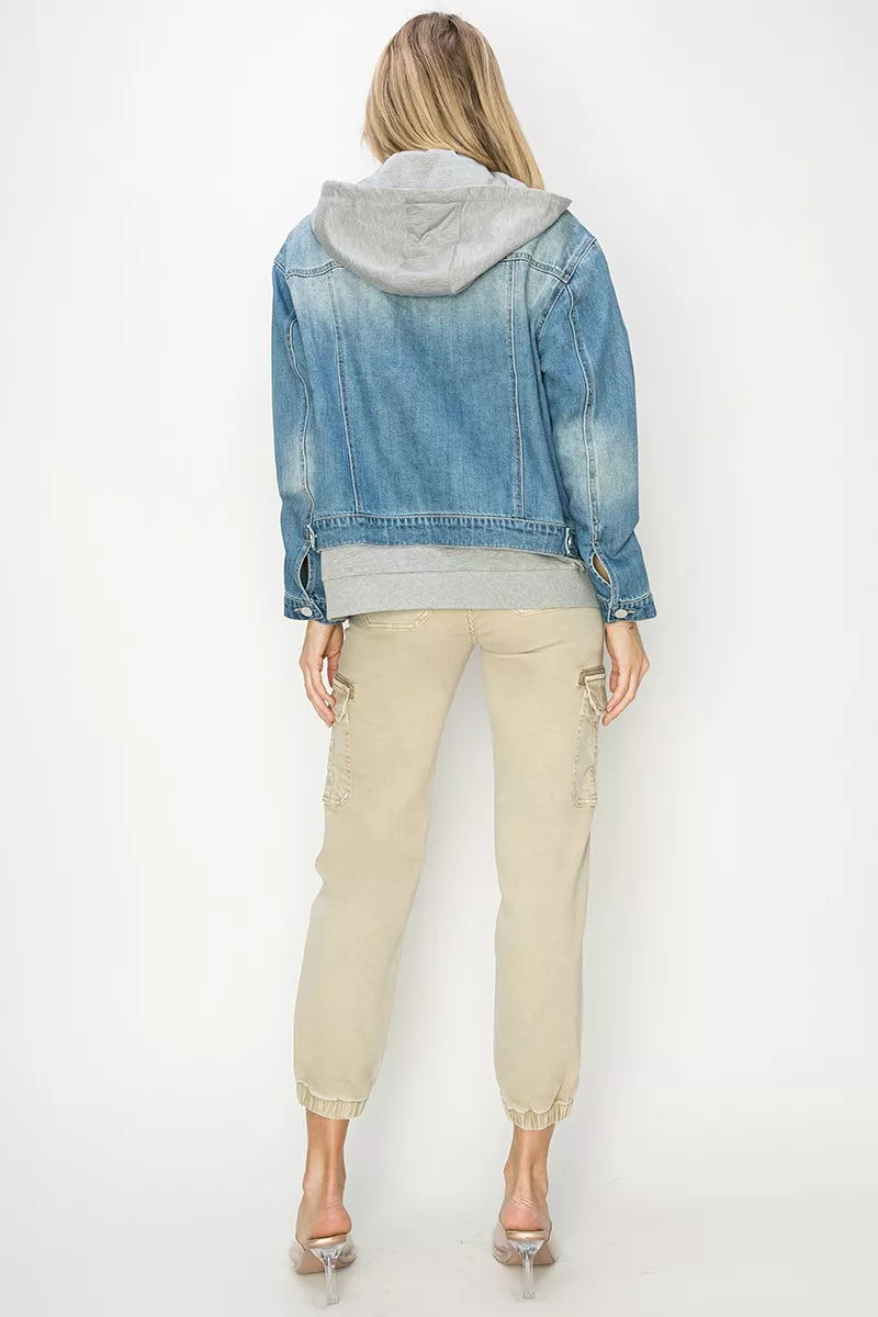 Oversized denim hoodie jacket back view with gray hood and long sleeves