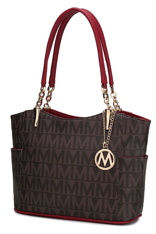 Braylee M Signature Tote mit dunkelbraunem M-Monogramm und roten Henkel-Details
