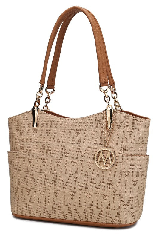 Braylee M Signature Tote in beigem M-Monogramm mit braunen Lederhenkeln und Ringlogo