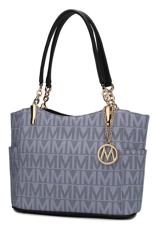Braylee M Signature Tote in hellem Blau-Grau mit M-Monogramm und Kettenhenkeln