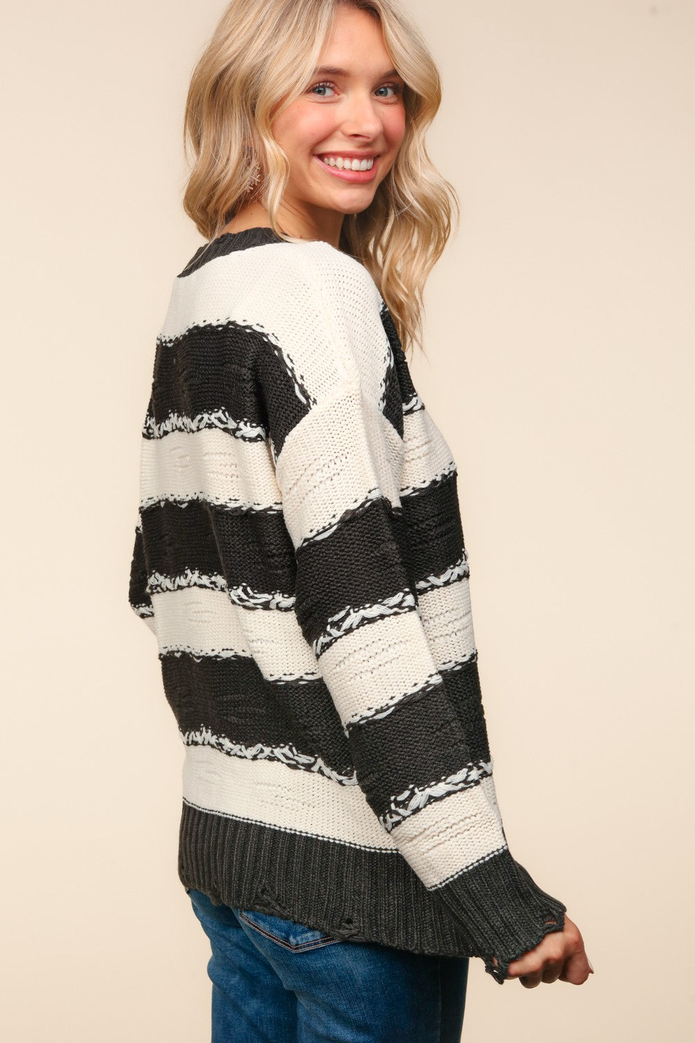 Haptics Striped Contrast Distressed Sweater - Tigbul's Variety Fashion Shop