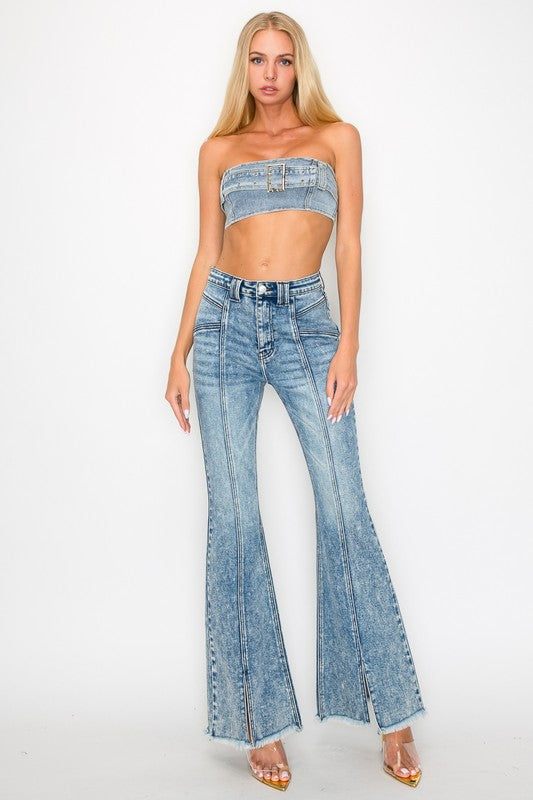HIGH RISE SUPER STRETCH FLARE W/SEAMED FRONT JEANS - Tigbul's Variety Fashion Shop