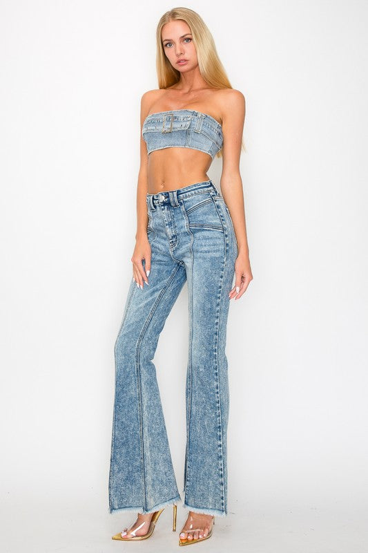 HIGH RISE SUPER STRETCH FLARE W/SEAMED FRONT JEANS - Tigbul's Variety Fashion Shop