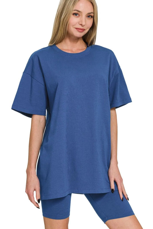 Navy Cotton Round Neck Top & Biker Shorts - Tigbul's Variety Fashion Shop