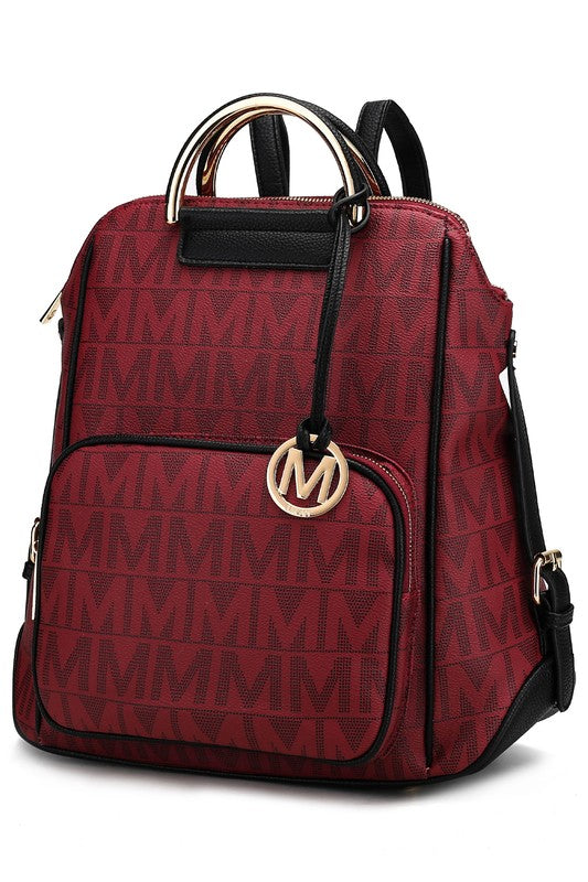 Red/burgundy MK-pattern backpack with front two-compartment look and side strap details
