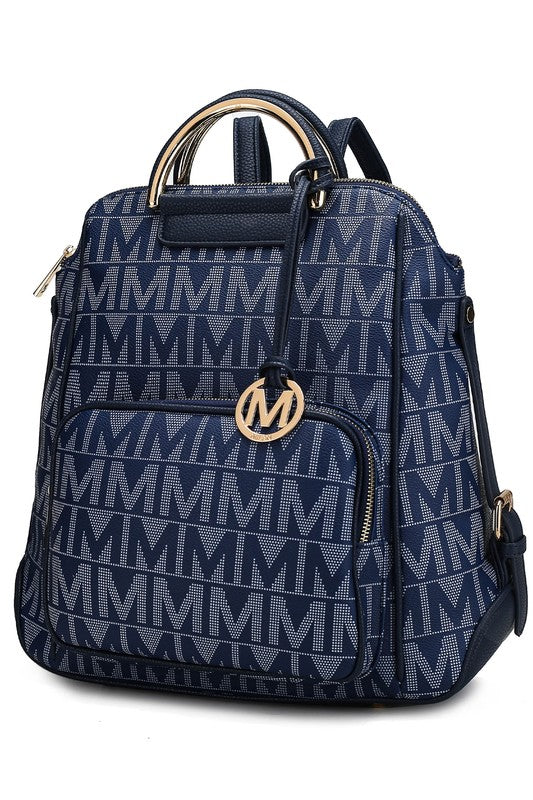 Navy MKF Cora Milan backpack with front organizer pocket and top grab handles