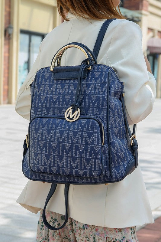 Navy MK-pattern backpack with dual zippers, front utility pocket, and shoulder straps