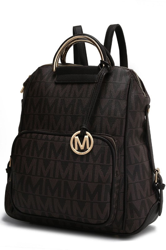 Chocolate-brown MK-pattern backpack with front organizer pocket and side zip/strap hardware