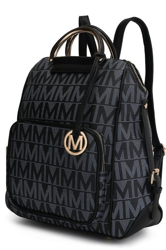 Black patterned backpack with front organizer pocket and crossbody strap attachment hardware