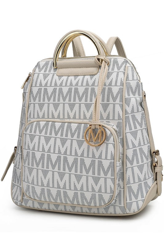 Beige MKF Cora Milan backpack with M monogram print, front zip pocket and straps