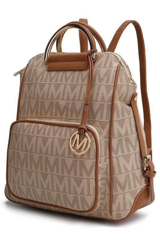 Tan/beige MK-pattern backpack with top handle, front zip pocket, and round logo emblem