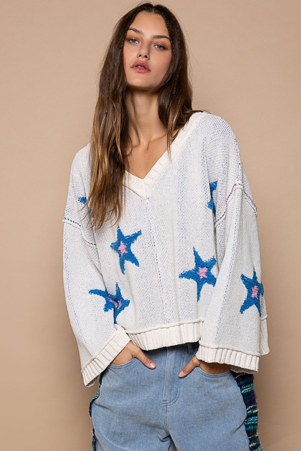 POL Long Sleeve Star Patch Sweater - Tigbul's Variety Fashion Shop