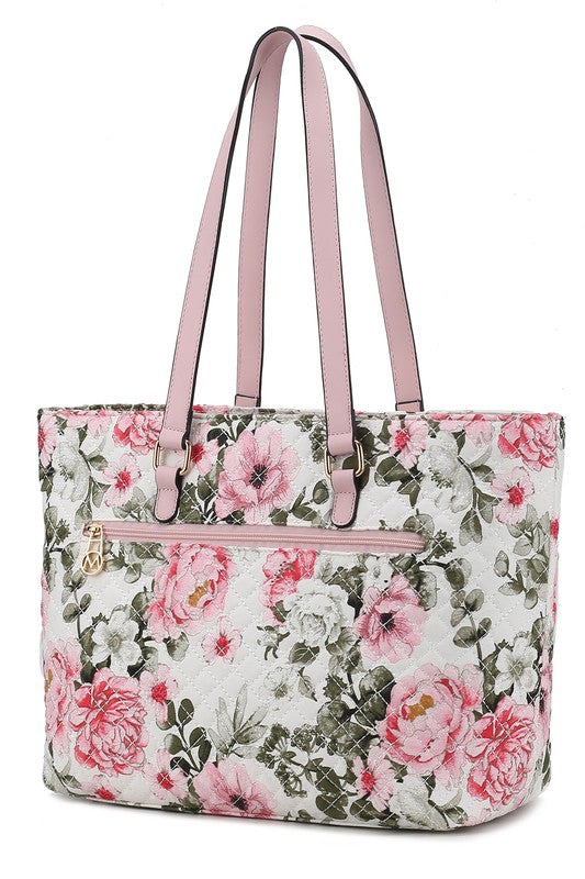 Quilted tote bag, cream floral print with pink handles and front zip pocket