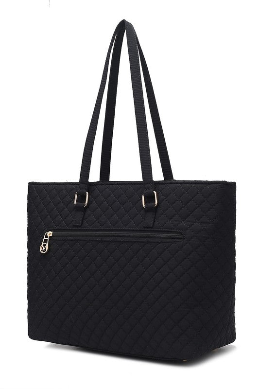 Quilted cotton tote bag in navy with top zip and long handles