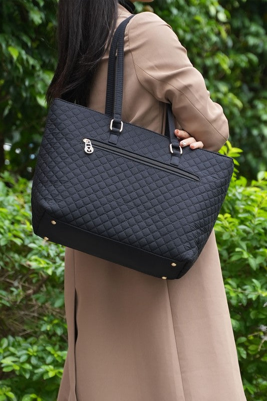 Quilted cotton tote bag in navy with top zip and two carry handles