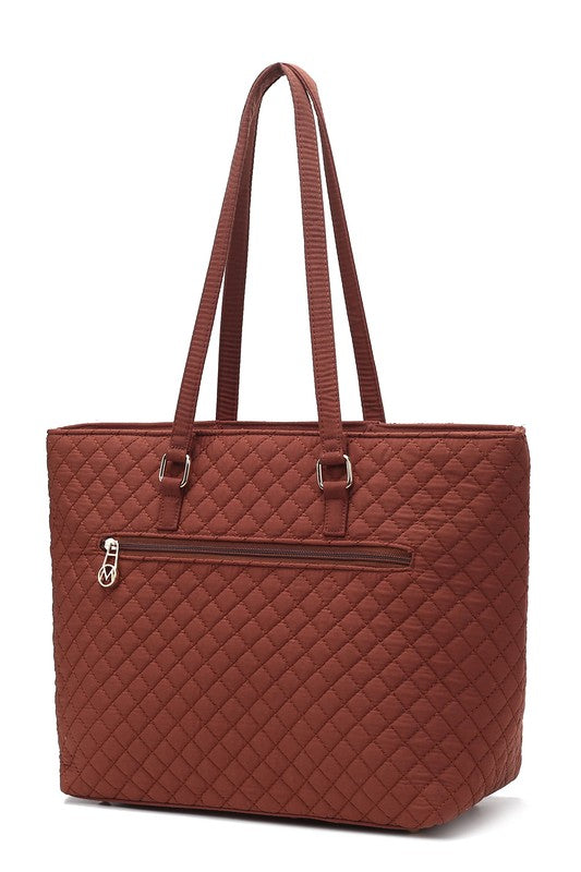 Quilted cotton tote bag in brown with top zip and two carry handles
