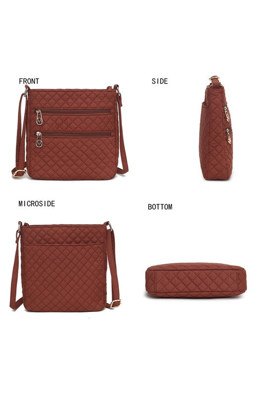 Quilted cotton crossbody bag in wine, front zip pockets and adjustable strap