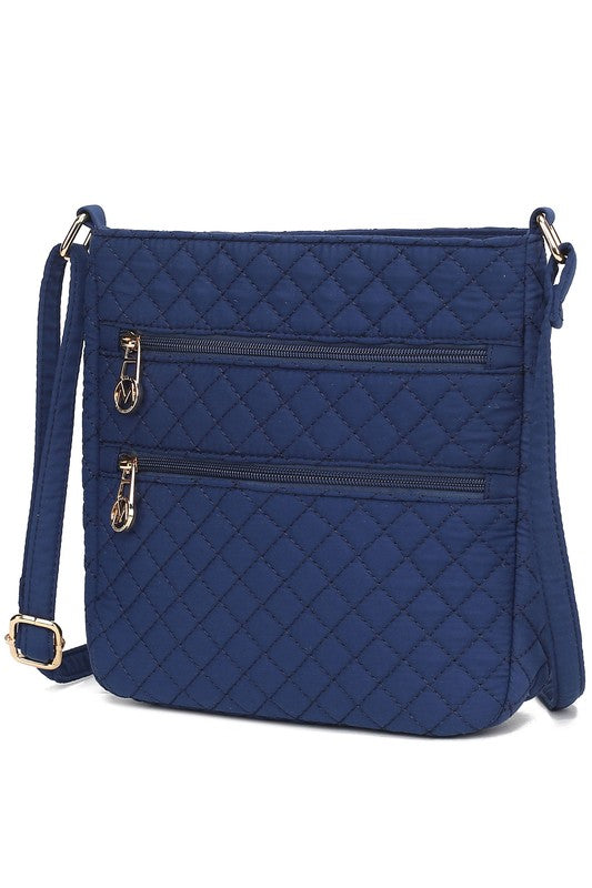 Quilted cotton crossbody bag in navy with quilted texture, two front zips, and strap