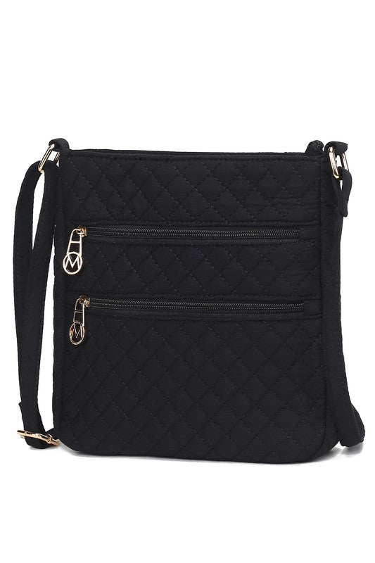Quilted cotton crossbody bag in dark navy/black with two front zip compartments and strap