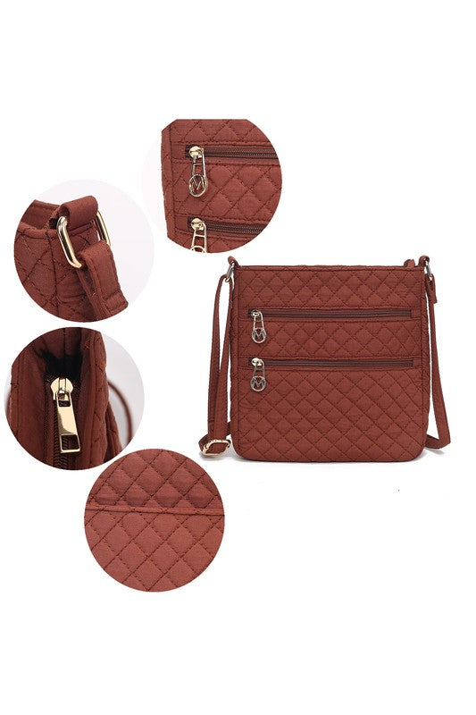 Wine quilted crossbody bag details: front zip pocket, metal D-rings, braided strap