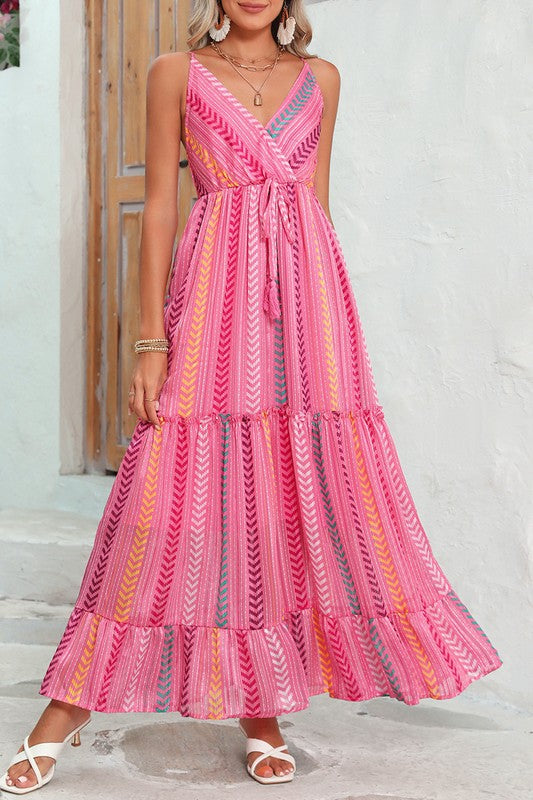 Pink Tribal Tassel Tie V Neck Surplice Maxi Dress - Tigbul's Variety Fashion Shop