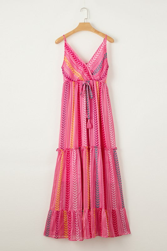 Pink Tribal Tassel Tie V Neck Surplice Maxi Dress - Tigbul's Variety Fashion Shop